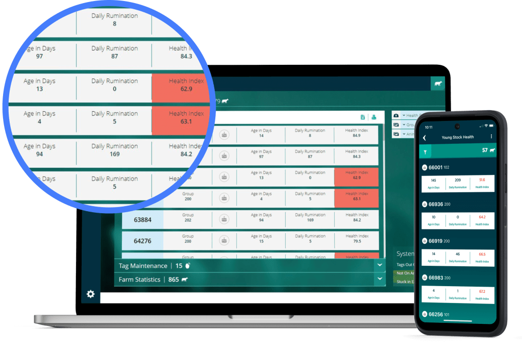 SenseHub Dairy data shown on screen of phone and laptop