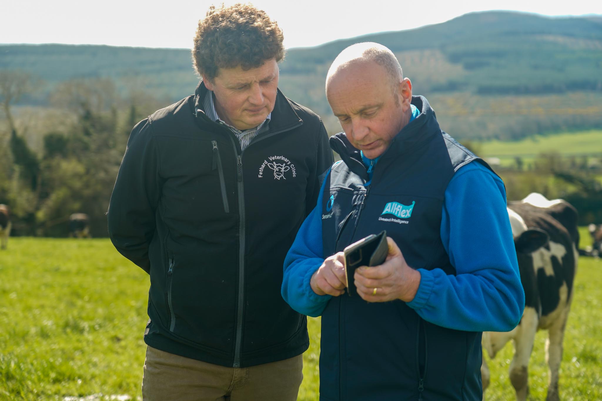 Two men standing next to each other while looking at a phone screen